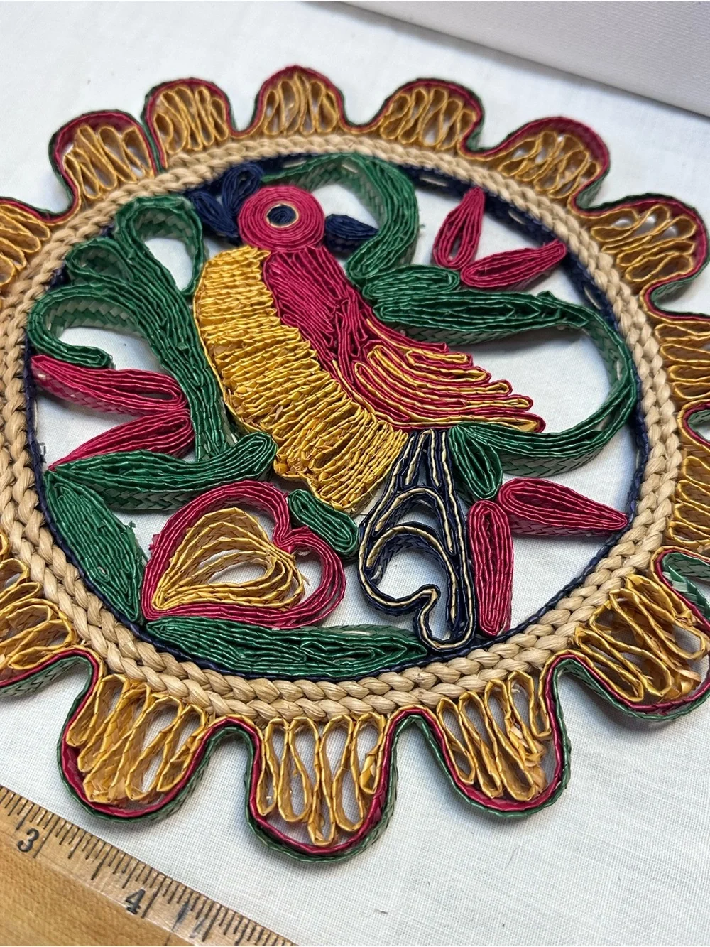Vintage Wicker Bird Trivet Rattan Hot Pad Woven Straw Raffia Multi Color 1960s